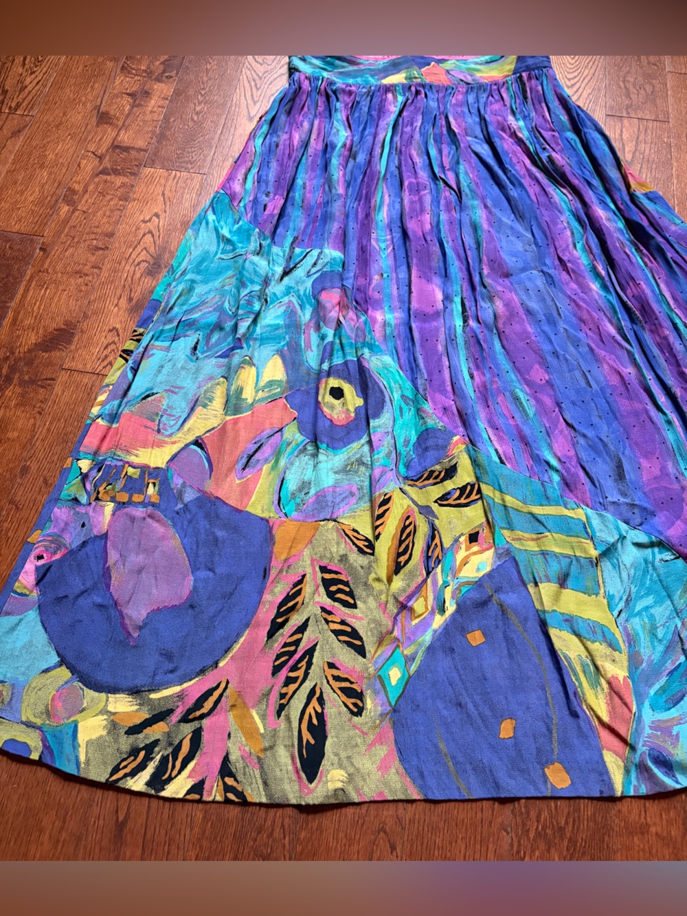 Vintage Multicolor Pleated Maxi Skirt - Purple, Teal, Aqua, Yellow